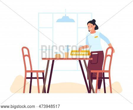 Waiter Puts Sign On Reserved Table. Booking Table In Restaurant. Catering Service. Preorder In Cafet