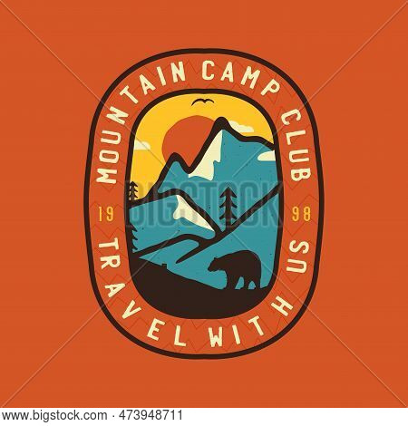 Vintage Camping Logo Badge Featuring Wilderness-themed Design Including Mountains Landscape And Bear