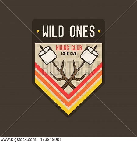 Camping Explorer Logo Badge Vector Design With Nature Landscape. Camp Badge Graphics In Retro Style.
