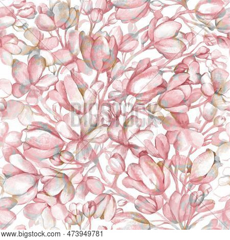Spring Delicate Watercolor Pink Flowers, Petals, Buds Of Flowering Fruit Trees Cute Floral Blurry Se