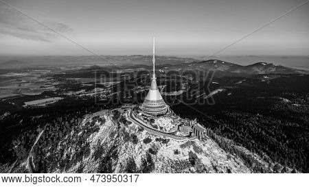 A Bird\'s Eye View Of Snow-covered Jested At Sunrise. Photographed On The Jested Ridge By Drone. Bea