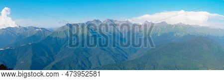 Panorama: View Of The Bzerpi Peak In The Caucasus Mountains In Summer On A Sunny Day