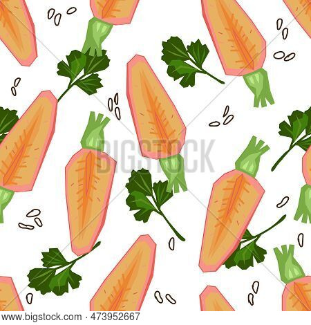 Seamless Pattern Repeatable Texture With Carrots And Parsley Vegetables, Flat Vector Illustration On