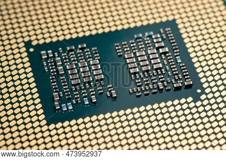 Cpu Gold Pins Microchip Processor Computer Component Technology. Macro Photography Central Processin