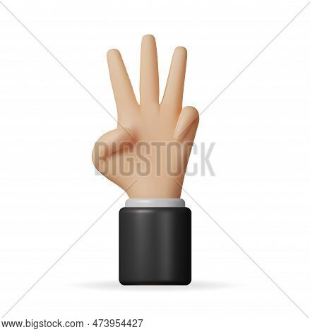 3d Hand Showing Three Fingers Isolated. Render Hand Gesture Symbol. Index, Ring And Middle Fingers A