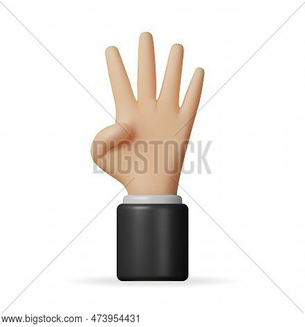 3d Hand Showing Four Fingers Isolated. Render Hand Gesture Symbol. Small, Index, Ring And Middle Fin