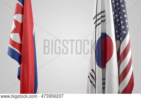 Flags Of Usa, South And North Korea. Political Confrontation Concept. 3d Rendering
