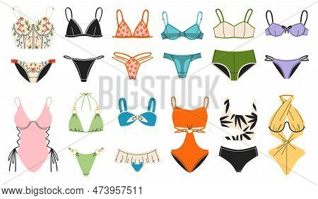 Lingerie And Swimsuits. Bright Woman Bikini, Fashionable Beach Models, Separate And Piecework, Cute 