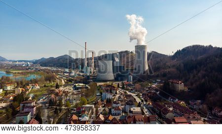 Latest Generation Thermal Power Plant With Chimneys And Cooling Tower Producing Clean Energy.