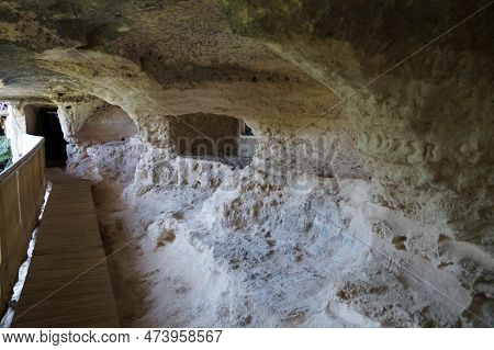Stone Cell Of Monks In The Rocky Ancient Monastery Of Aladzhi In Bulgaria.
