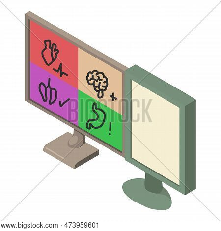 Medical Examination Icon Isometric Vector. Monitor With Depicting Body System. Diagnostic, Medicine,