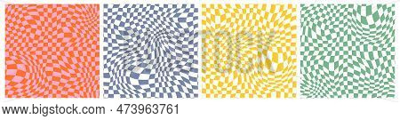 Abstract Groovy Checkerboard Seamless Patterns Set. Y2k Psychedelic Texture With Waves. Distorted Ch