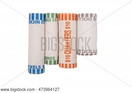 Side View Of Us Coins In Roll Wrappers Isolated On A White Background. High Quality Photo