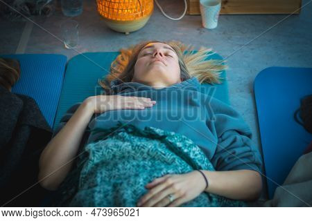Vilnius, Lithuania - March 26 2023: Portrait Of A Beautiful Blond Caucasian Girl With A Blue Sweatsh