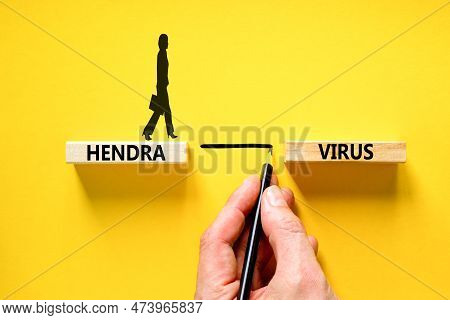 Hendra Virus Symbol. Concept Words Hendra Virus On Wooden Block. Beautiful Yellow Table Yellow Backg