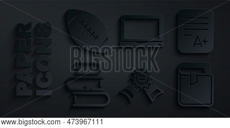 Set Medal, Exam Sheet With A Plus Grade, Book, Laptop And American Football Ball Icon. Vector