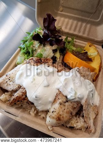 A Delicious And Nutritious Meal Perfect For A Busy Day. This Fish Plate Lunch Is Covered In A Creamy