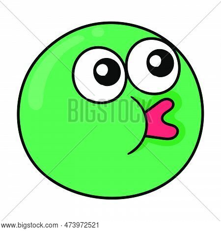Green Emoji Ball With Lips Kissing Expression, Vector Illustration Carton Emoticon. Doodle Icon Draw