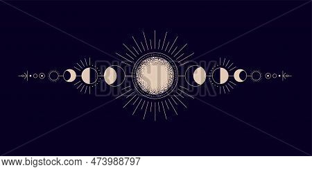Moon Phases Whole Cycle On Night Sky, Moonlight Activity Stages. Astrology, Astronomical Lunar Spher