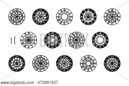 Different Clock Dials With Openwork Decor And Hands. Black Watch Faces With Roman Numerals, Isolated