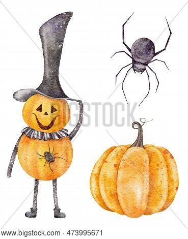 Halloween Horror Elements. Watercolor Jack Pumpkinhead, Orange Pumpkin, Spider