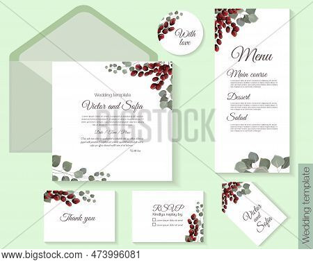 Vector Template For Wedding Invitations. Red Juicy Berries, Eucalyptus Leaves. Nvitation Card, Round