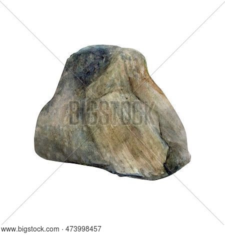 Watercolor Drawn Massive Greyish-brown Bottom Stone On White Background. Underwater Isolated Picture