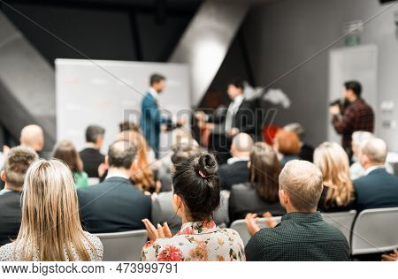 Business Team Leader Receiving Award Prize At Best Business Project Competition Event. Business And 