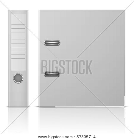 Office binder, back and side view.