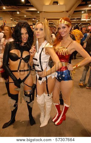 Alicia Arden as Aeon Flux, Paula Labaredas as Barbarella and Phoebe Price as Wonder Woman at San Diego Comic Con, San Diego Convention Center, San Diego, CA. 07-24-10