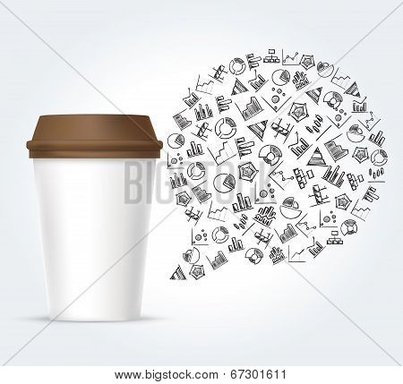 White paper coffee cup and bubble thought with diagram icons