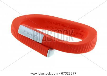 BANGKOK, THAILAND - JUNE 11 2014 : The Jawbone UP24 Wristband in orange on June 11, 2014 in Bangkok, Thailand. The Jawbone UP24 is a wristband to track movement and sleep.