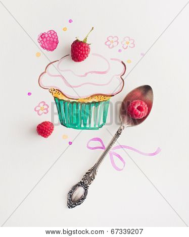 vintage spoon and painted watercolor cupcake
