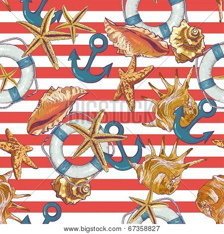 Summer Seamless Pattern with Sea Shells, Anchor
