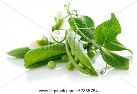 Fresh green peas with leaf and flower. Isolated on white background