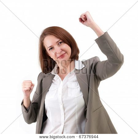 Winner Business Woman With Her Hands Raised