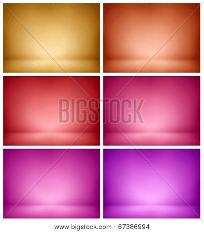 Abstract illustration background texture of beauty set with dark, light violet, lilac, purple, magenta, crimson, scarlet, red, orange gradient wall, flat floor in empty spacious darken room interior