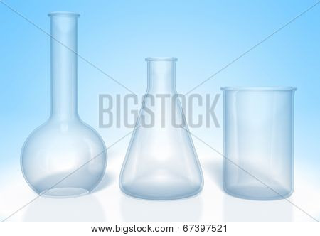 Set of glass flasks for chemistry experiments rendered in 3D