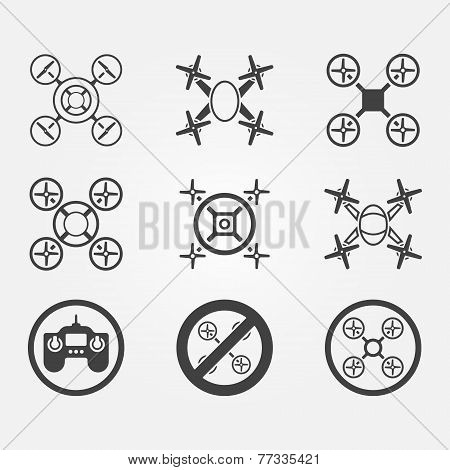Quadrocopter black vector icons set - modern symbols