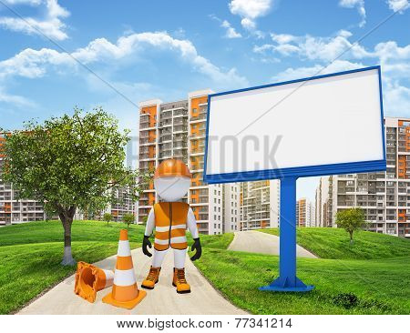 Three-dimensional worker standing on road running through green hills. Green tree and billbord besid