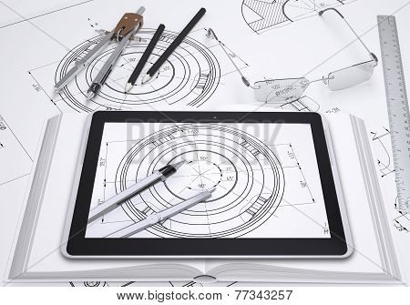 Tablet pc, some draftsman's instruments and technical drawing