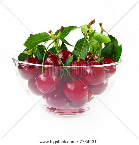 Cherries In Glass Bowl Isolated On White Background