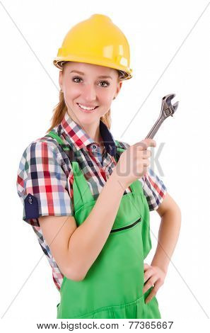 Constructon worker female with wrench isolated on white