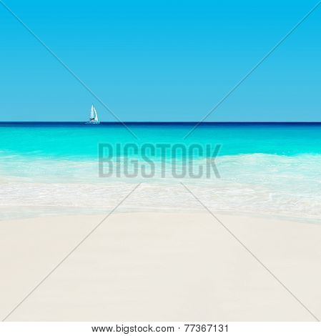 Yacht At Tropical Sandy Beach. Anse Georgette, Praslin Island, Seychelles