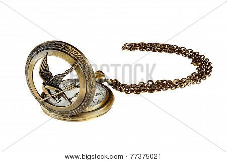 Pocket Watch On A White Background With A Chain.