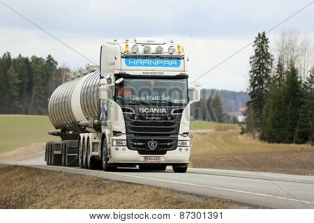 White Scania R620 Tank Truck On The Road