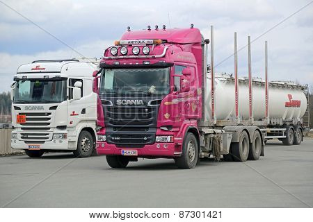 Pink Scania R620 Logging Truck And White R490 Tank Truck For Euro 6 On A Yard