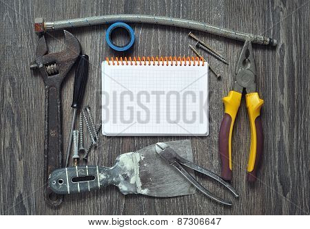 Set of different old Tools  and notepad