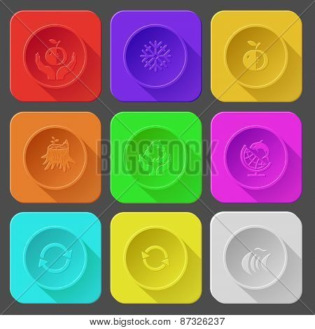 apple in hands, snowflake, stub, protection sea life, globe and shamoo, recycle symbol, fish. Color set raster icons.