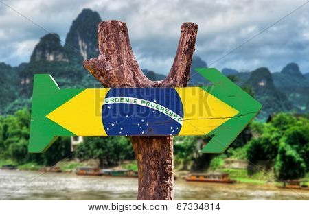 Brazil Flag wooden sign with forest background